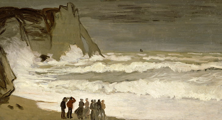storm, people, shore, picture, seascape, Claude Monet, Stormy Sea in étretat
