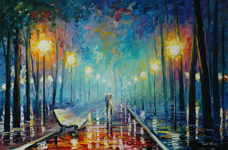 two person walking near post lamps and trees painting, autumn