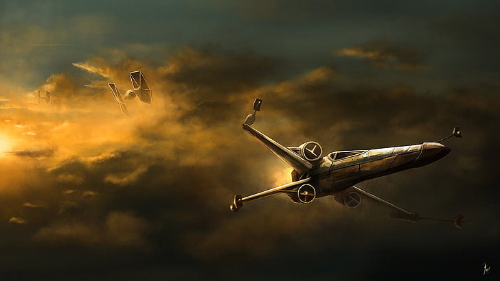 Star Wars, artwork, X-wing, TIE Fighter, air vehicle, airplane