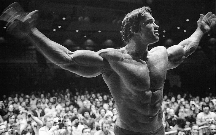 men's topless grayscale photo, Arnold Schwarzenegger, bodybuilding, HD wallpaper
