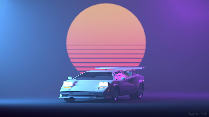 retrowave, car, blue, simple background, Lamborghini Countach