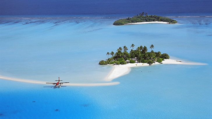 Islands, Uninhabited, Plane, Azure, Sea, Palm trees, From above