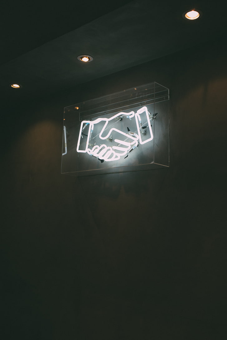 handshake neon light signage, wall, backgrounds, illustration