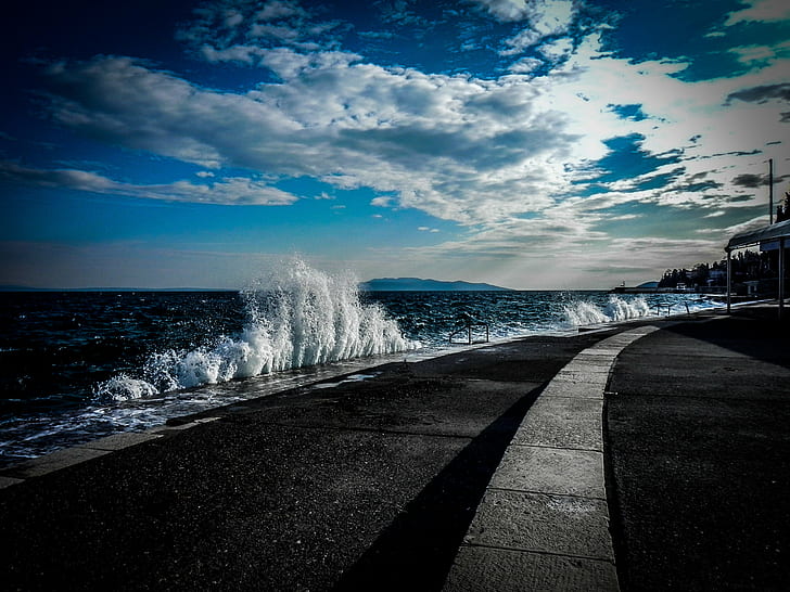 gray concrete road near the ocean water during daytime, Waves, HD wallpaper