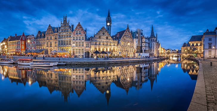 reflection, river, building, home, Belgium, architecture, promenade