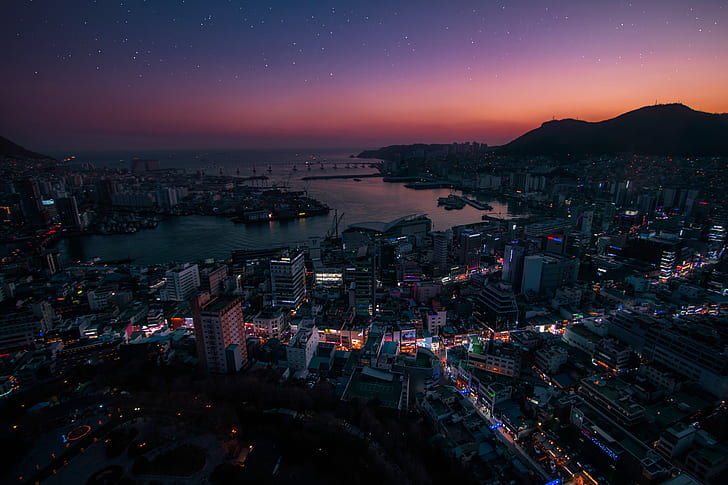 night city, aerial view, city lights, south korea