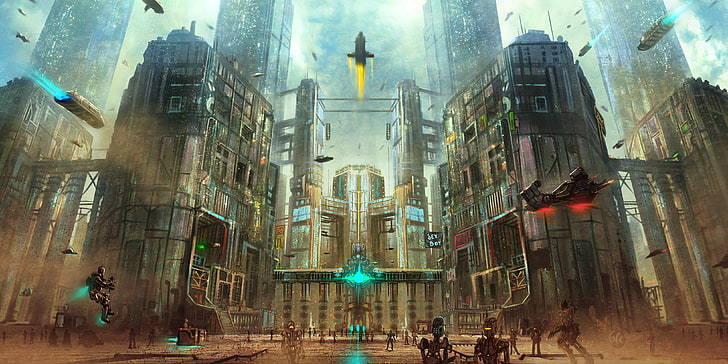 futuristic-themed wallpaper, artwork, robot, city, spaceship