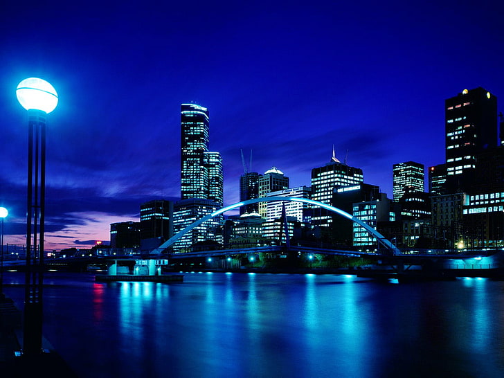 Gateway Arch, town, lights, water, river, reflection, Melbourne, HD wallpaper