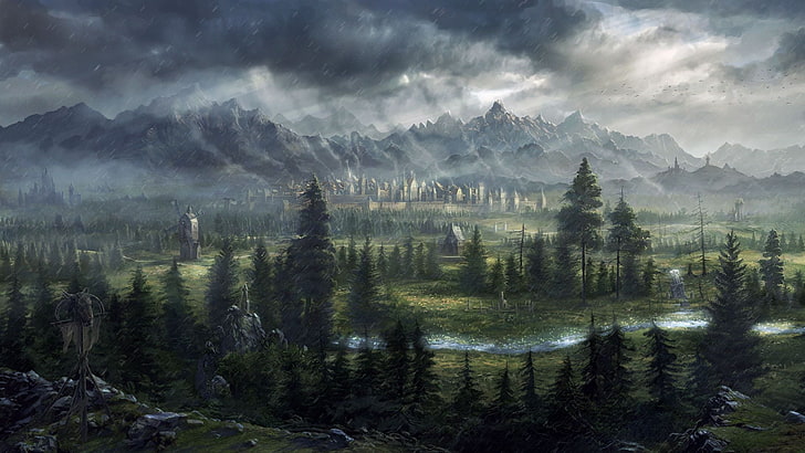 green pine trees, digital art, fantasy art, Total War: Warhammer, HD wallpaper