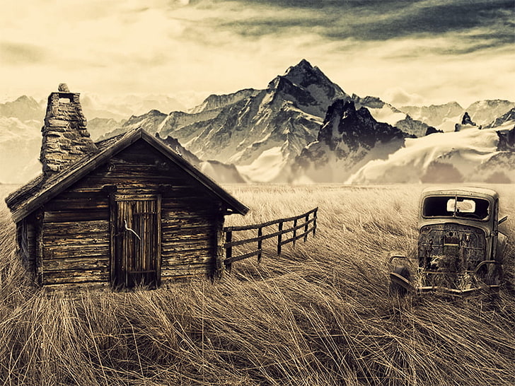 brown cabin, mountains, old car, fence, filter, sepia, winter