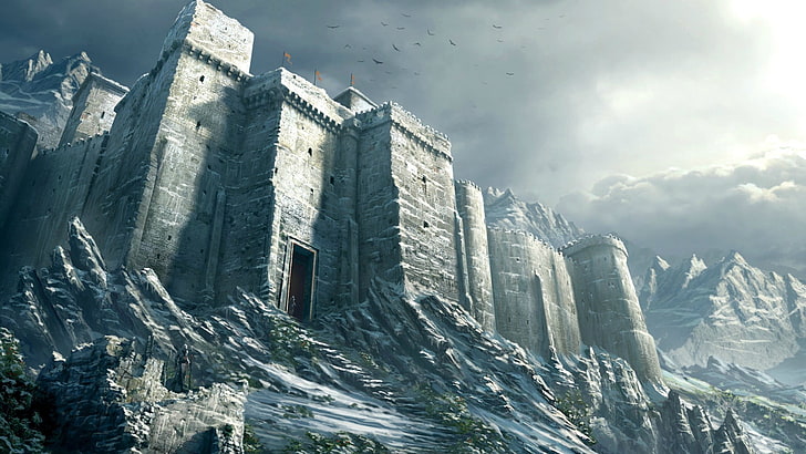 gray castle, fantasy art, digital art, snow, sky, cloud - sky, HD wallpaper