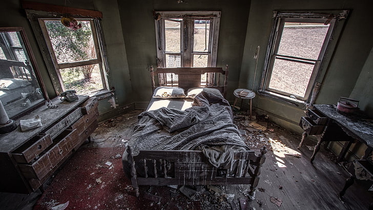 gray comforter, indoors, abandoned, room, dirt, bed, damaged