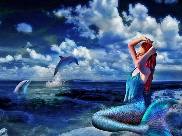 Fantasy, Mermaid, Blue, Dolphin, Ocean, HD wallpaper