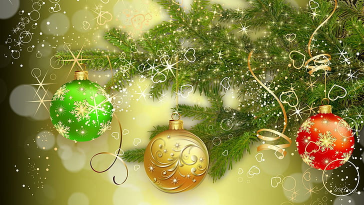 Christmas So Green, stars, balls, tinsel, tree, bright, feliz navidad, HD wallpaper