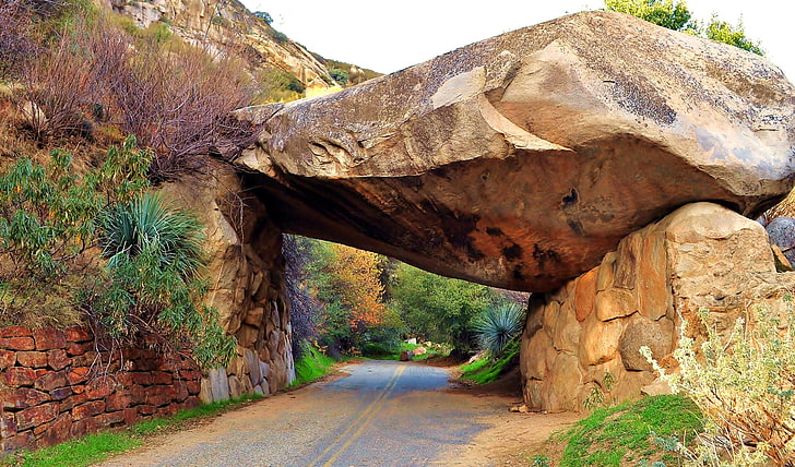 brown stone tunnel, road, stones, rocks, the tunnel, USA, Sequoia National Park, HD wallpaper