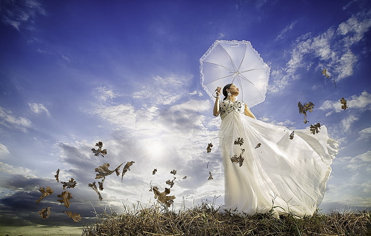 leaves, umbrella, women, model, sky, nature, cloud - sky, wedding, HD wallpaper