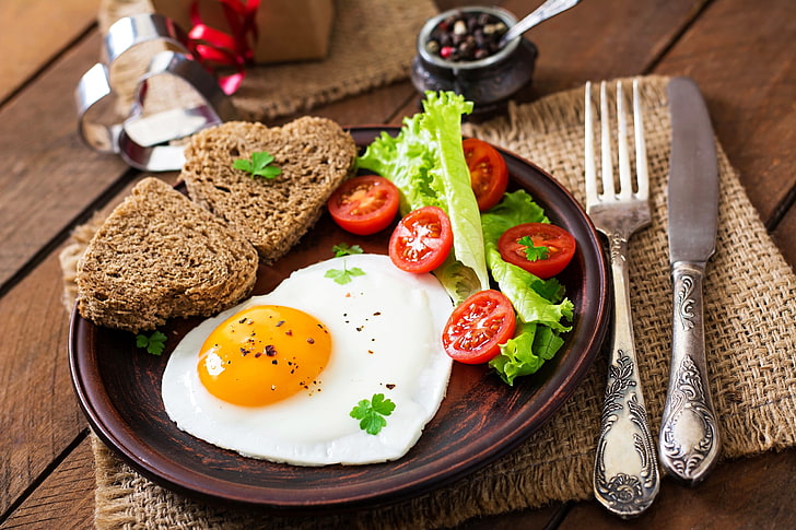 stainless steel fork, food, eggs, tomatoes, bread, food and drink