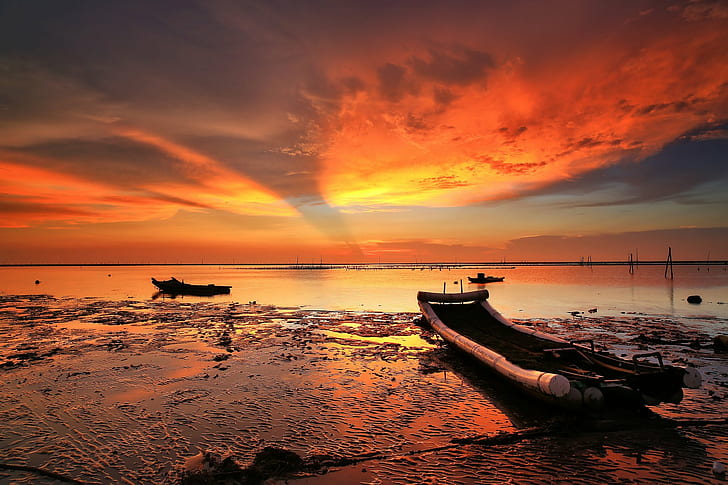 boat, changhua, ocean, sea, siansi, sunset, taiwan, HD wallpaper