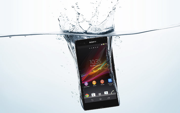 black Sony Android smartphone, waterproof, xperia, spray, technology, HD wallpaper