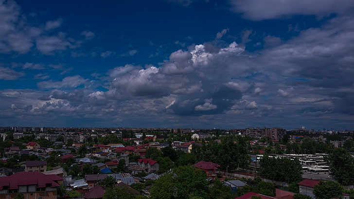sky, Sun, clouds, cityscape, Bucharest, cloud - sky, building exterior, HD wallpaper
