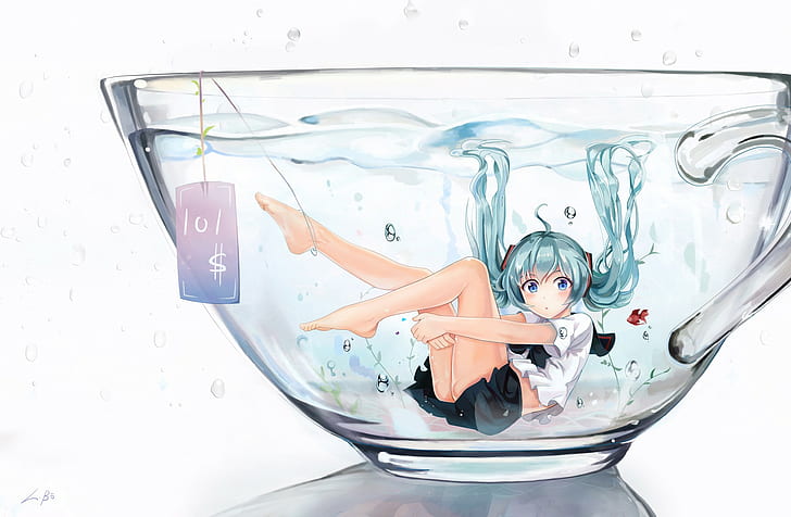 Vocaloid, Hatsune Miku, schoolgirl uniform, cup, anime, HD wallpaper