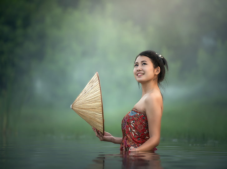 River Bathing In Asia, Others, Travel, Smile, Girl, Green, Happy