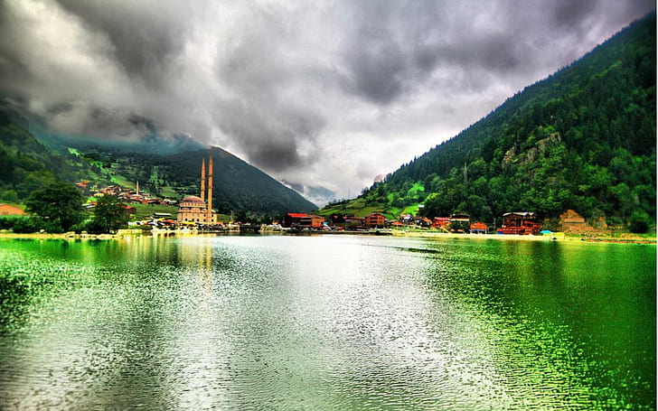 Lake Town Of Uzungol Turkey Hdr, mountains, mosque, nature and landscapes, HD wallpaper