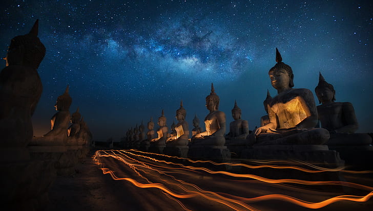 statue, stars, Buddha, Buddhism, light trails, night, Milky Way