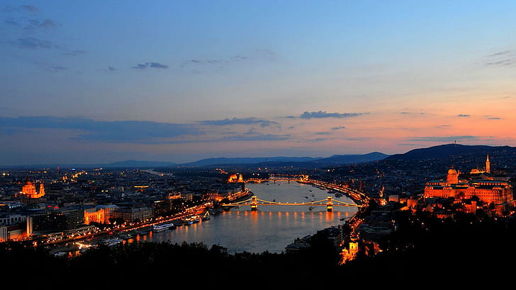 Budapest at night, high angle photo of city skyline during sunset, HD wallpaper