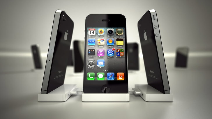 three black iPhone 4's, icons, Apple, cell phone, iphone4, technology, HD wallpaper