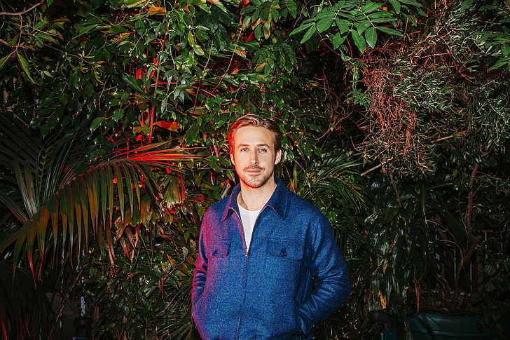 men's blue zip-up jacket, ryan gosling, actor, look, trees, one person