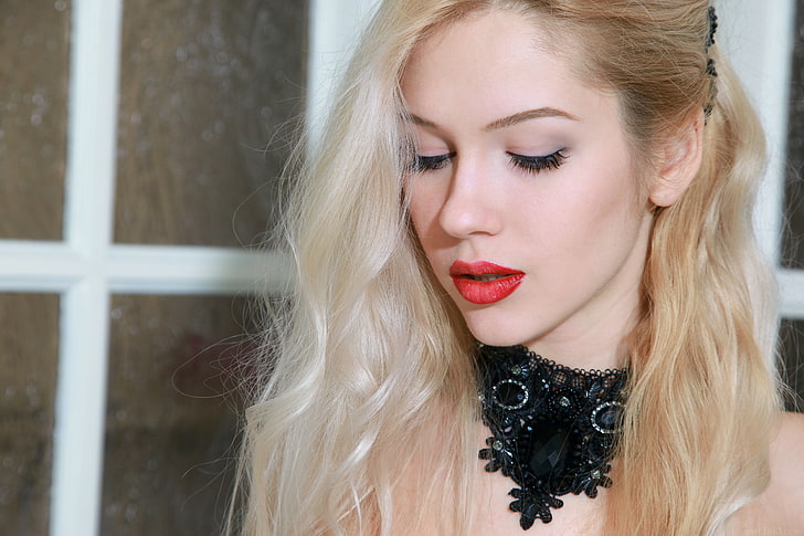 women, Marianna Merkulova, blonde, red lipstick, face, Met-Art