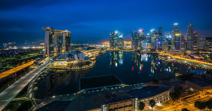 lights, skyscrapers, Singapore, architecture, megapolis, blue, HD wallpaper