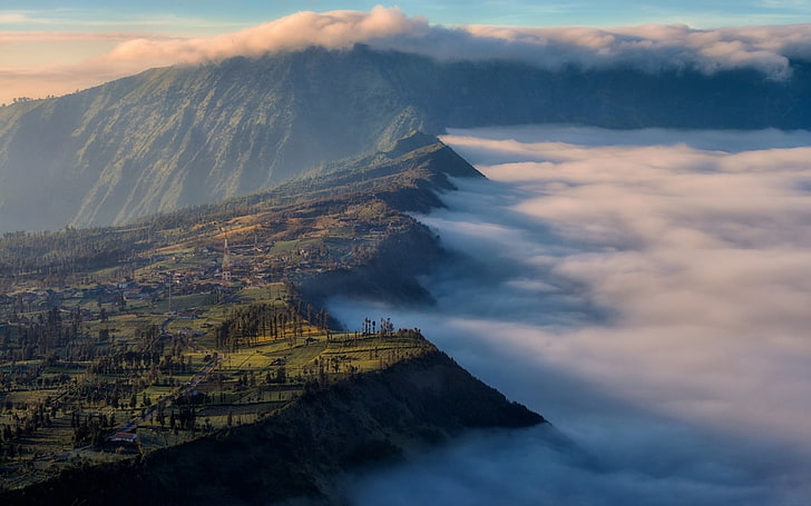 green mountain, nature, landscape, Mount Bromo, Indonesia, clouds