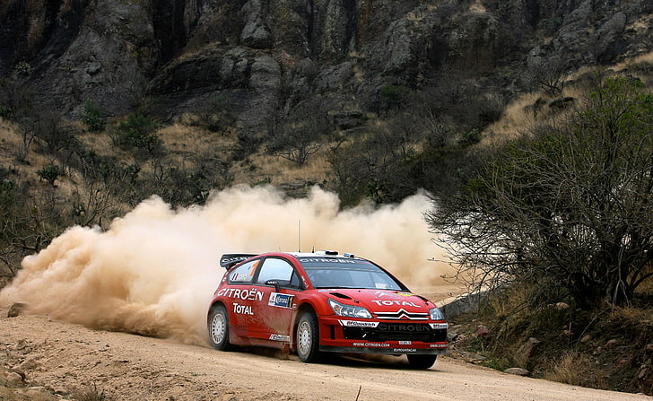 Citroen C4 Rally, red 3-door hatchback, Cars, Dust, mode of transportation, HD wallpaper