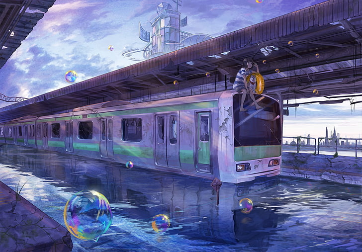 train, water, bubbles, anime girls, dog, metro, architecture, HD wallpaper