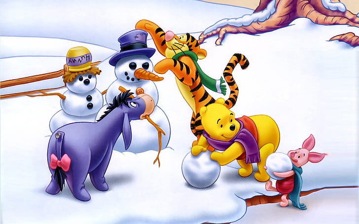 Cartoon Winnie The Pooh Tigger And Piglet Winter Snow Making Snowman Hd Desktop Backgrounds Free Download 1920×1200