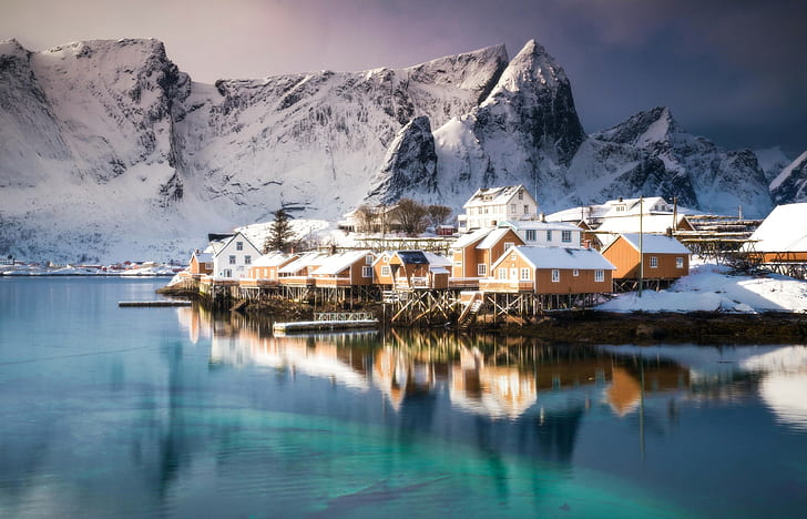 Lofoten, winter, Norway, reflection, snow, nature, landscape, HD wallpaper