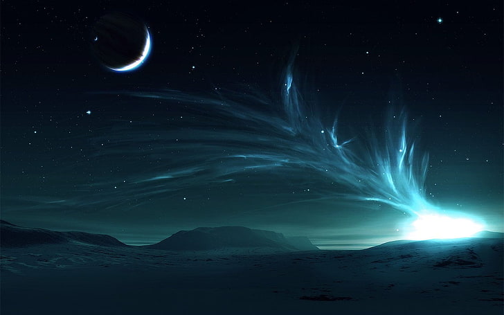 crescent moon over frozen tundra digital wallpaper, space, space art