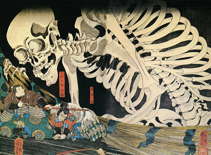 two men and skeleton artwork, fantasy art, samurai, skull, art and craft