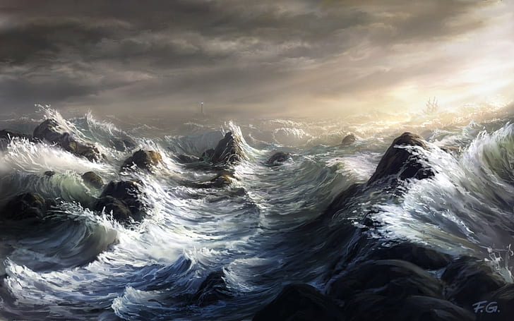 Storm Lighthouse Ocean Waves Drawing HD, digital/artwork