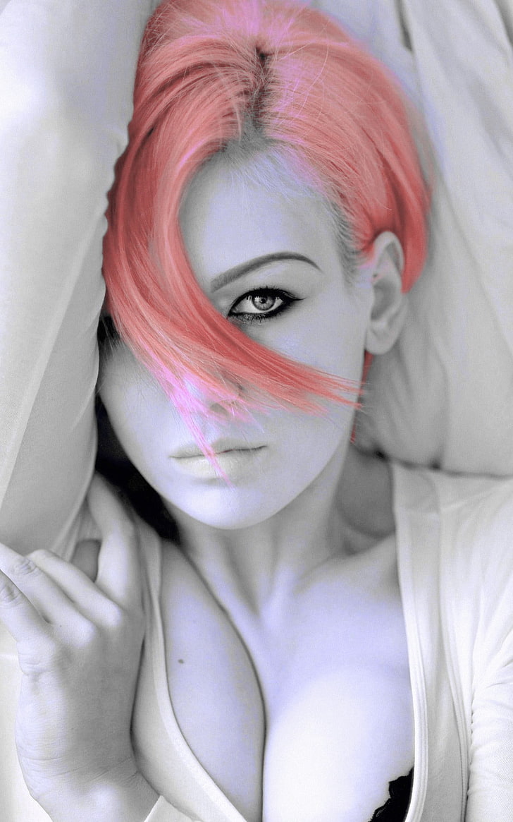 women's white scoop-neck top, selective coloring, Photoshop, pink hair