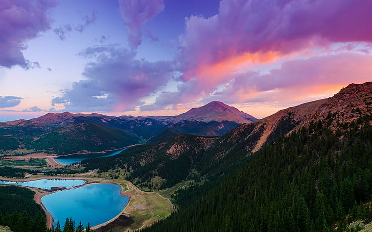 Colorado, USA, mountain, Pikes Peak, lake, forest, sunset, HD wallpaper