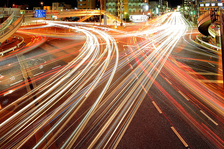 time-lapse photography road intersection at nighttime, lights, HD wallpaper