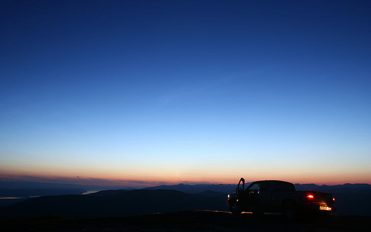 landscape, sunset, sky, car, clear sky, blue, Pick-up trucks