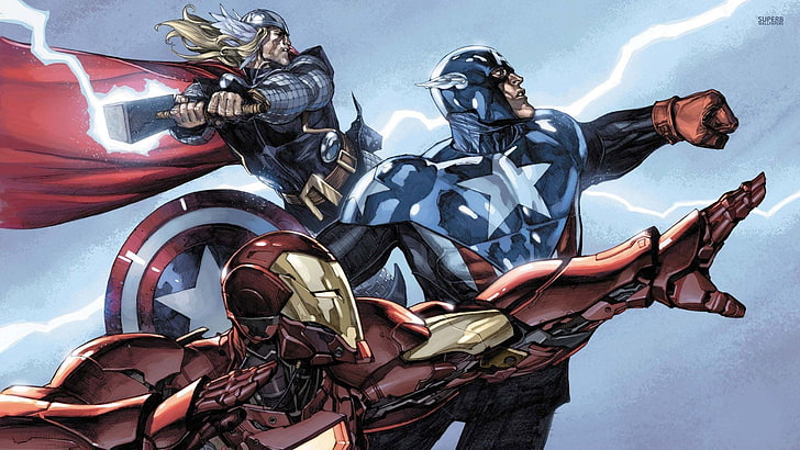 Avengers illustration, Thor, Captain America, Iron Man, superhero