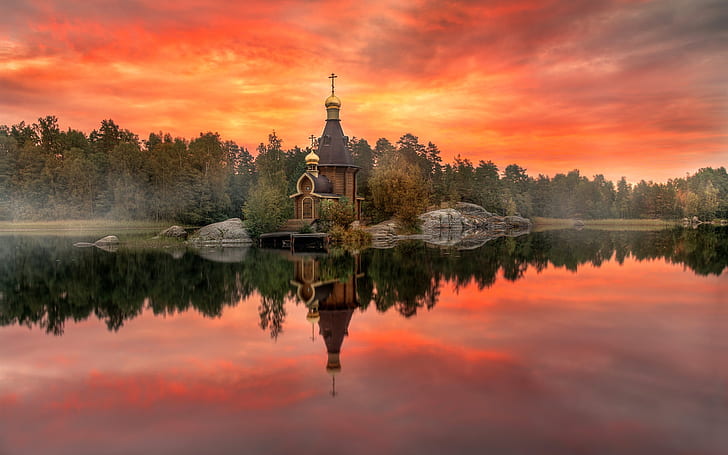 Karelia, Russia, autumn, temple, red sky, river, trees, dusk, HD wallpaper