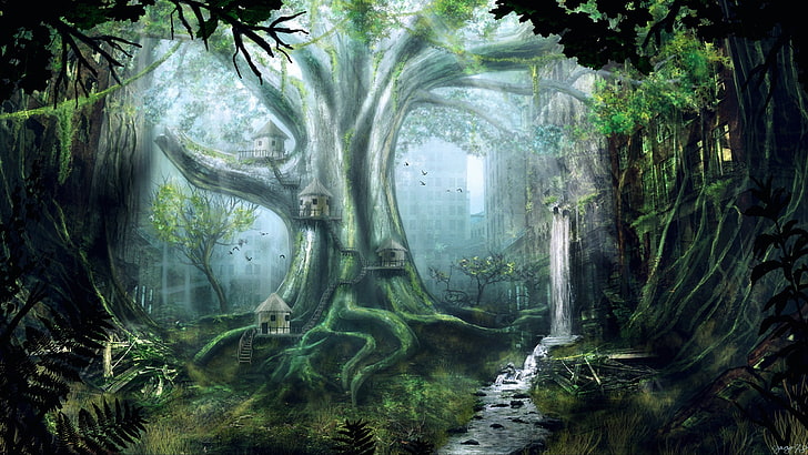 forest tree house painting, artwork, apocalyptic, ruins, trees, HD wallpaper