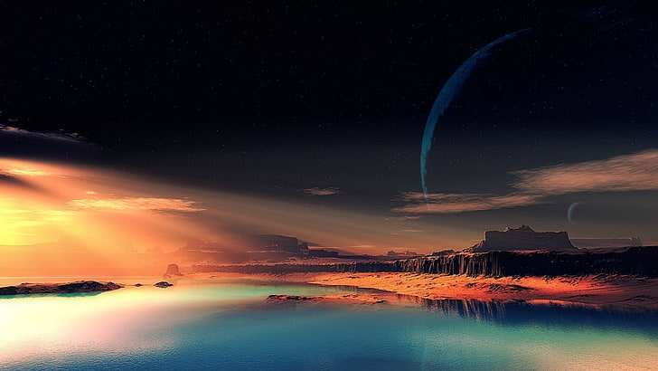 body of water digital artwork, sky, sea, space art, planet, night