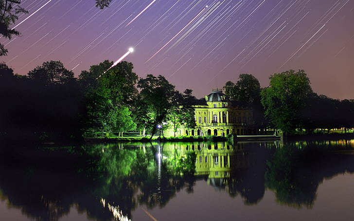 Palace in Stuttgart, rainshower, night stars, city, lake, venus, HD wallpaper